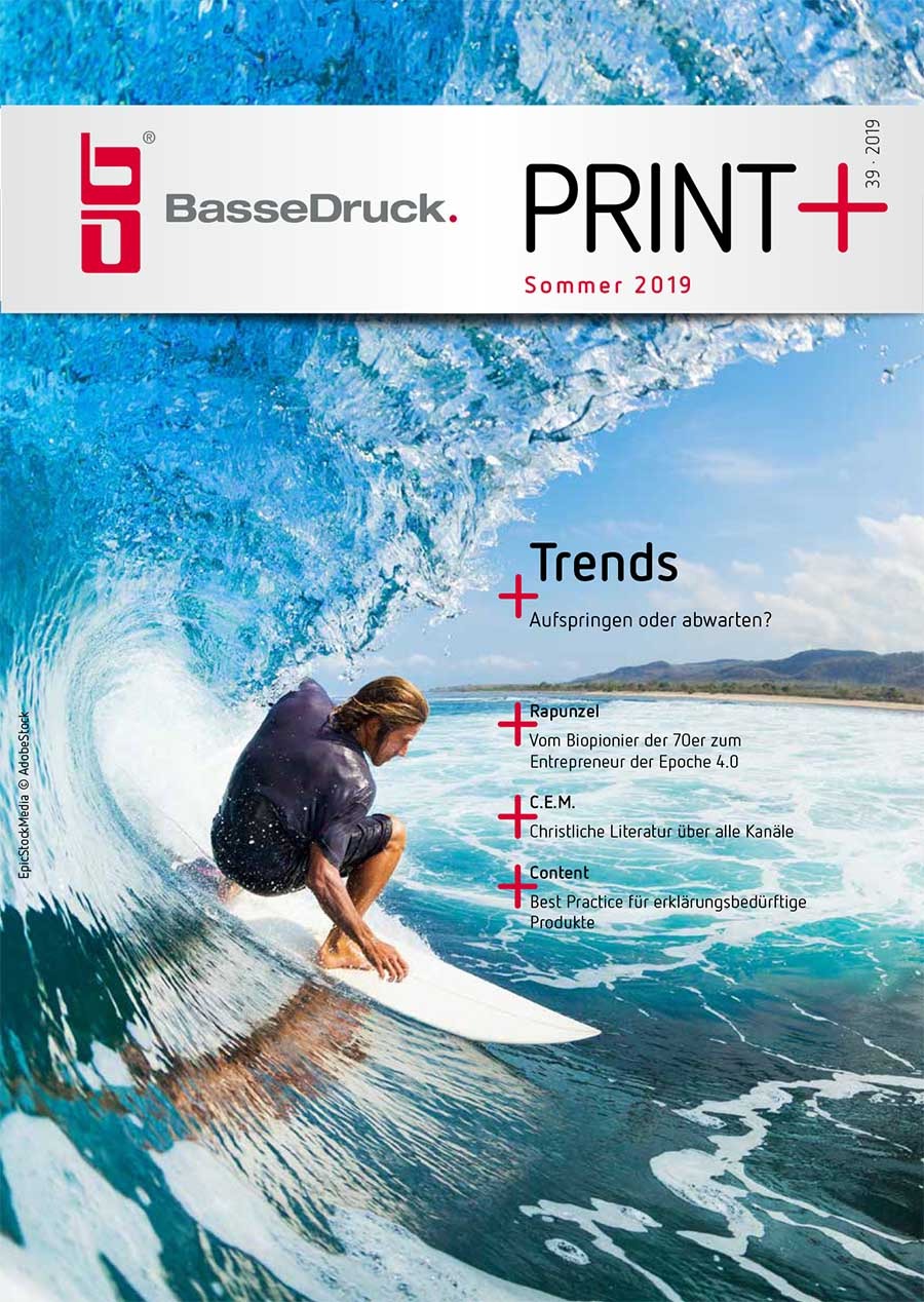 Cover of the BasseDruck customer magazine PRINT+, summer 2019 issue