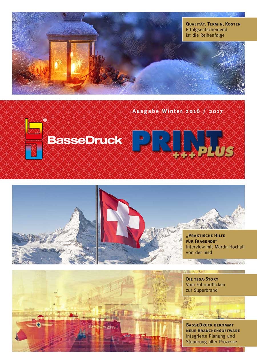 Cover of the BasseDruck customer magazine PRINT+, winter 2017 issue