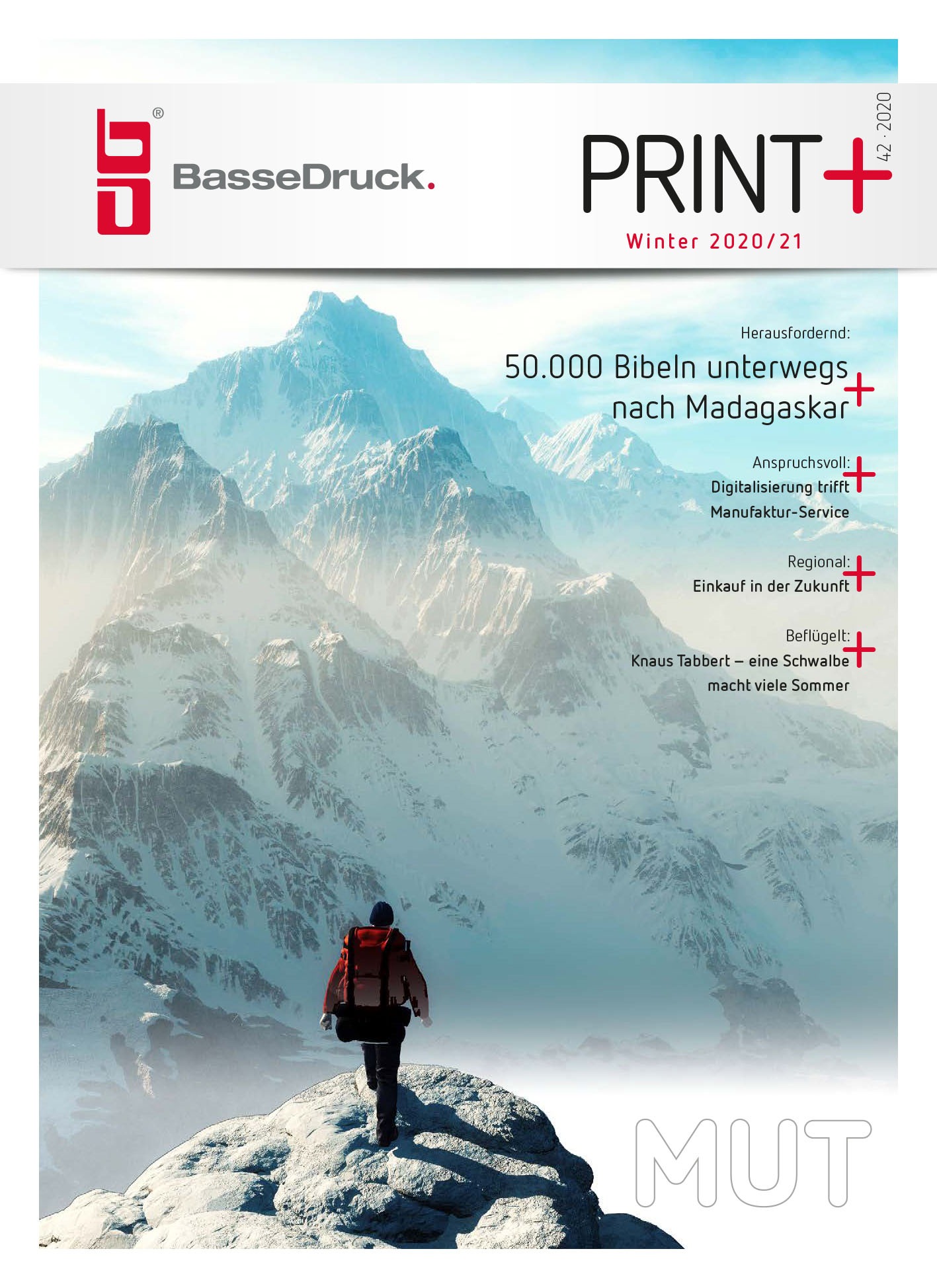 Cover of the BasseDruck customer magazine PRINT+, winter 2020/2021 issue