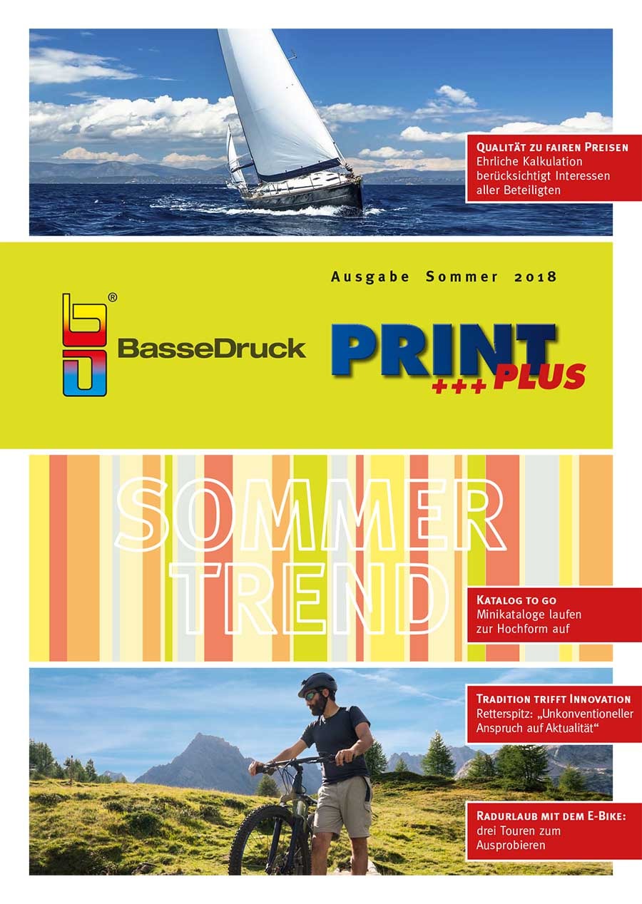Cover of the BasseDruck customer magazine PRINT+, summer 2018 issue