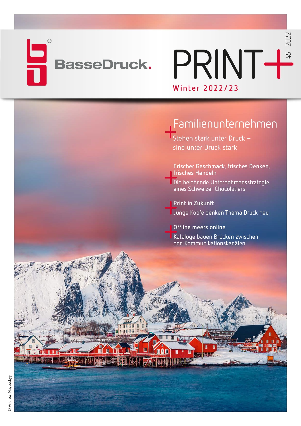 Cover of the BasseDruck customer magazine PRINT+, winter 2022/2023 issue