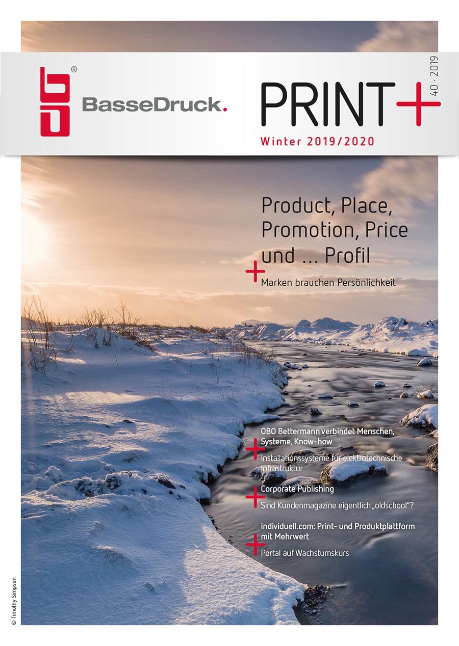 Cover of the BasseDruck customer magazine PRINT+, winter 2019/2020 issue