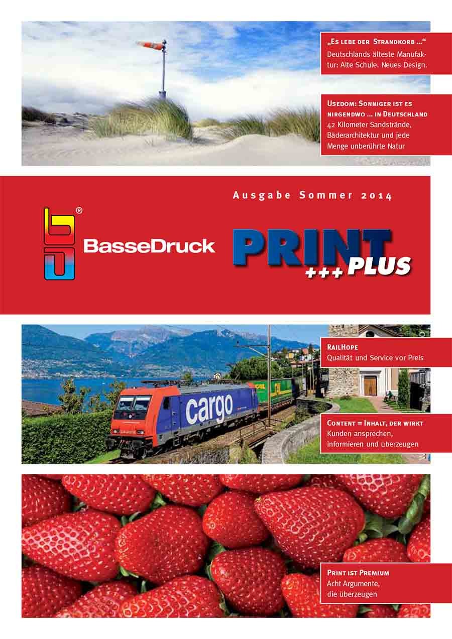 Cover of the BasseDruck customer magazine PRINT+, summer 2014 issue